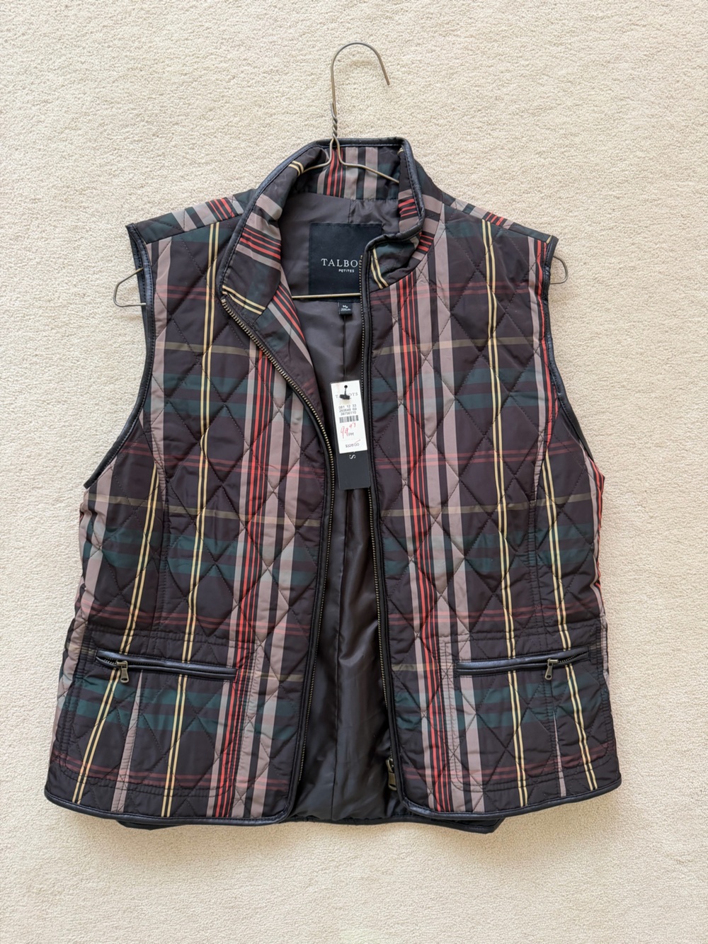 Talbots Quilted Plaid Zip-Front Vest in Burgundy, Green & Tan